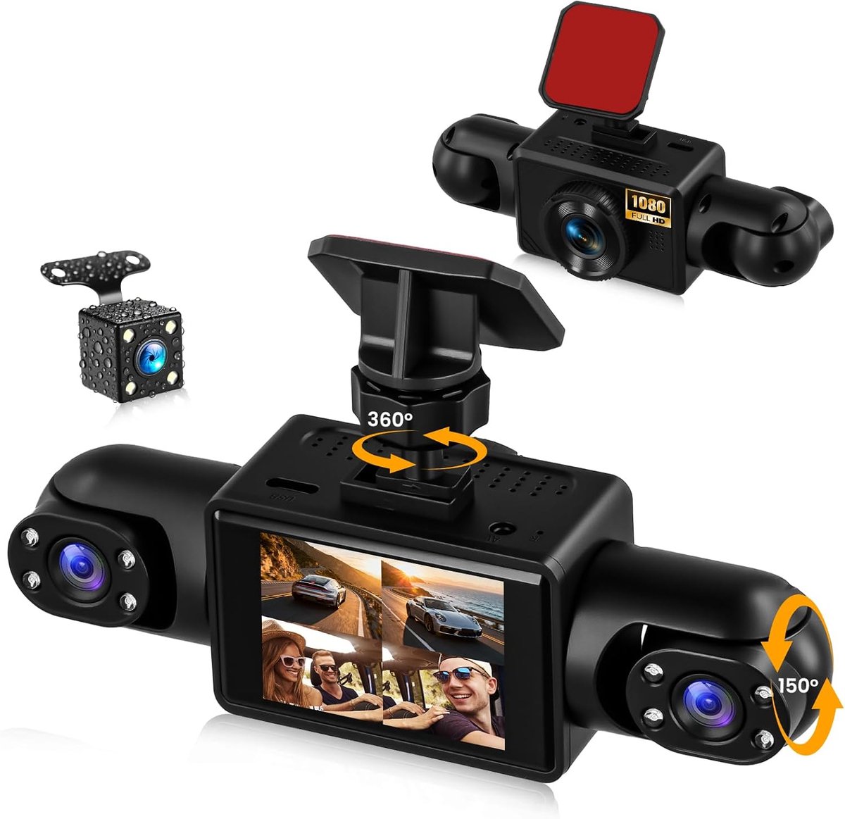 SnelShoppen - 4-kanaals dashcam auto 1080p met 360° rondom zicht, wifi, IR-nachtzicht, G-sensor, WDR, 2 inch display voor optimale verkeersveiligheid