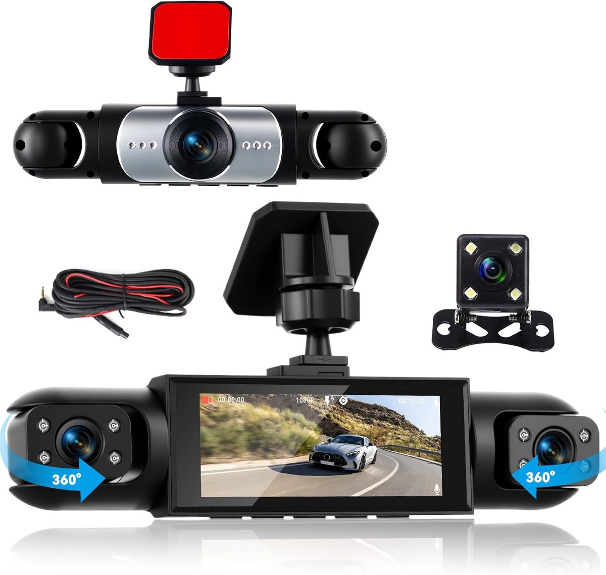 SnelShoppen - 4-kanaals dashcam voor voor- en achterzijde, 360 graden met nachtzicht, 3 inch scherm, 8 IR, lusopname en parkeerhulp voor auto