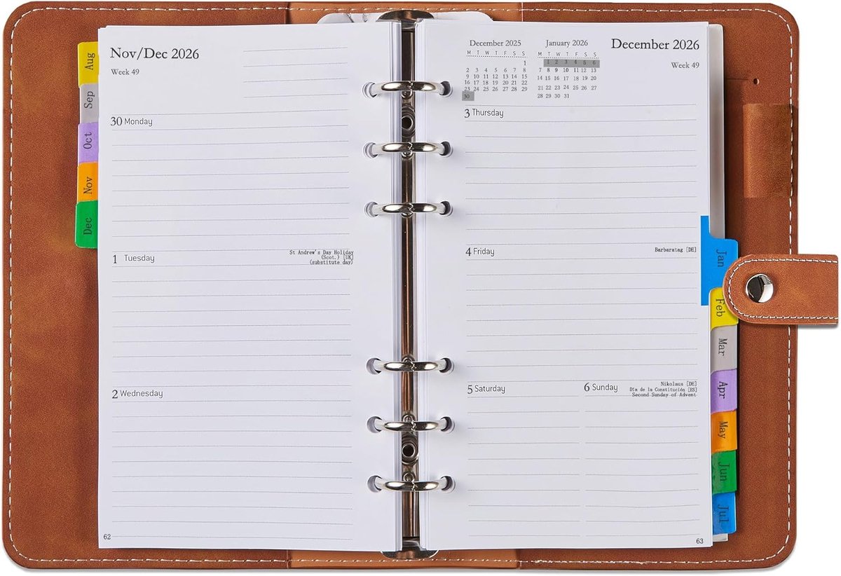 SnelShoppen - Kalender 2026/2027 Klein A6 Navulbaar Weekplanner Afsprakenplanner PU-Softcover met Tabs 1 Week 2 Pagina's Ringband Zakagenda