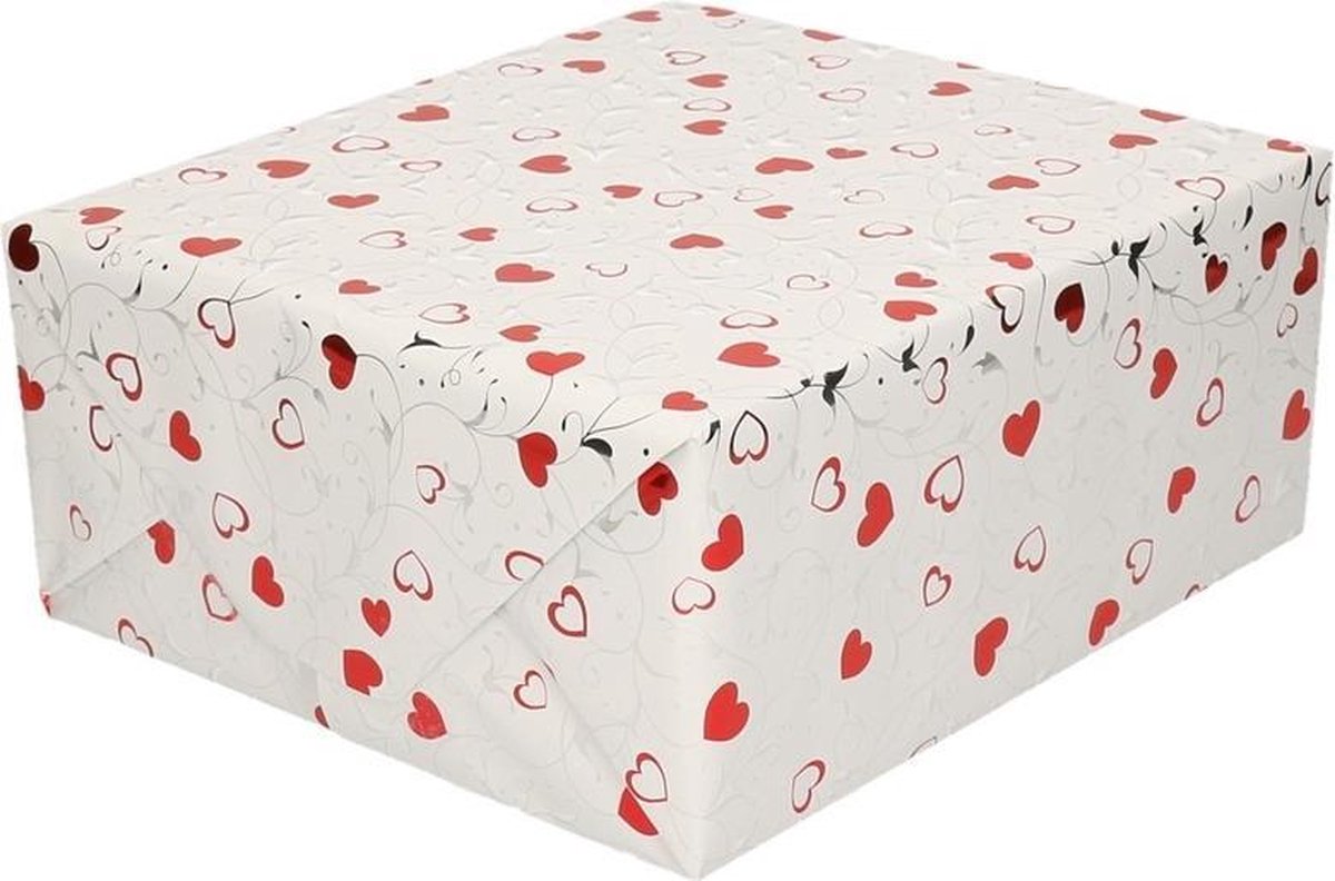 Papier cadeau / papier cadeau blanc métallisé avec coeurs rouges et boucles  argent 150