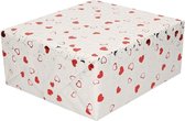Inpakfolie/cadeaufolie metallic wit met rode hartjes en zilveren krullen 150 x 70 cm - kadofolie / cadeaufolie/folie