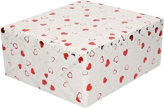 Inpakpapier/cadeaupapier wit met rode hartjes en zilveren krullen 150 x cm... | bol.com