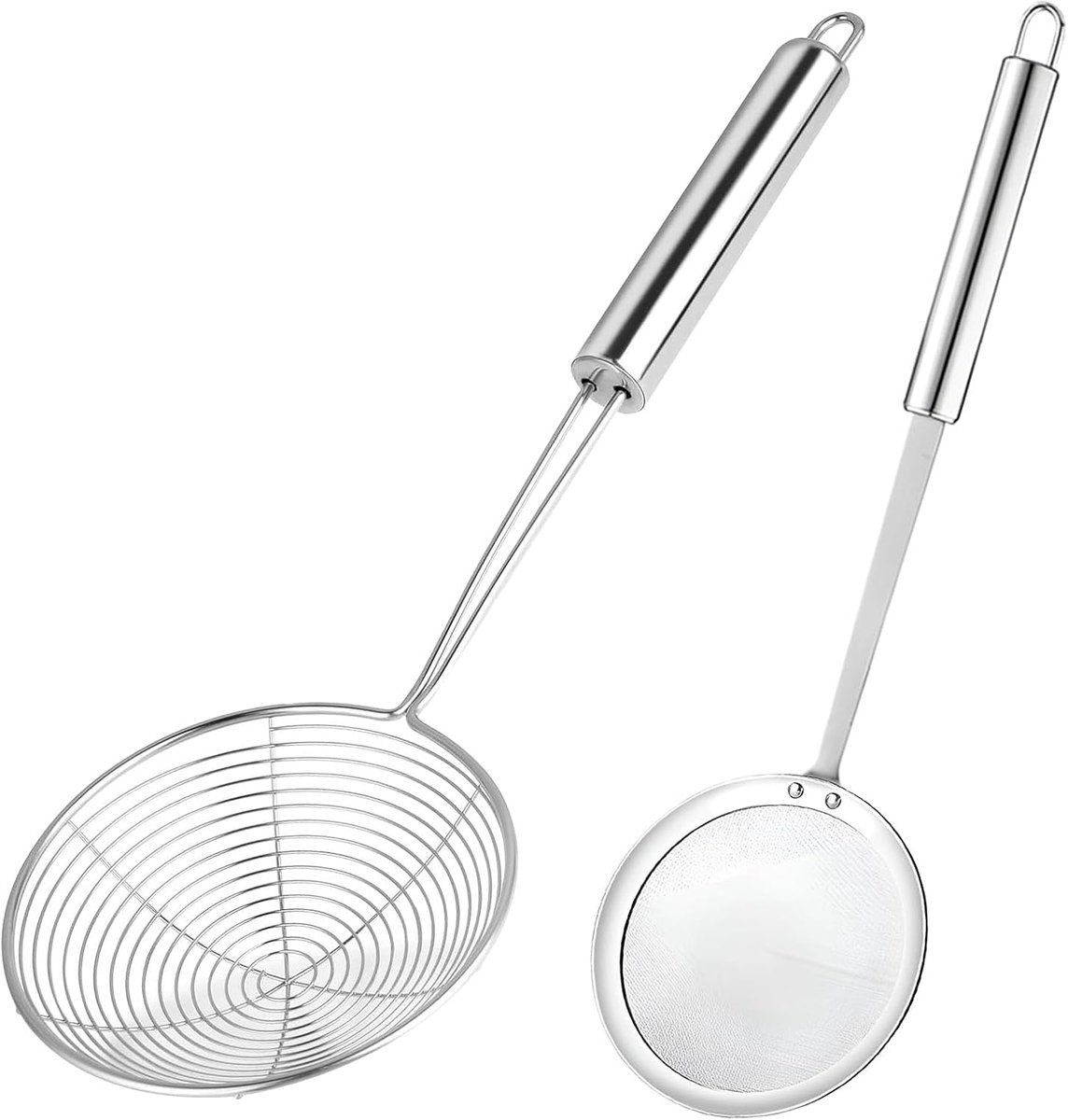 SnelShoppen - Set van 2 RVS Gelepelde Lepels - Slotted Spoon met Lange Handgreep - Perfect voor Stomen en Frituren - Diameter 14cm en 12cm - Vaatwasma