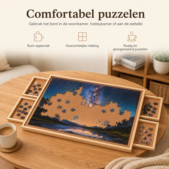 Een begonnen puzzel van een nachtelijke hemel boven een meer, op een puzzelbord met vier lades.