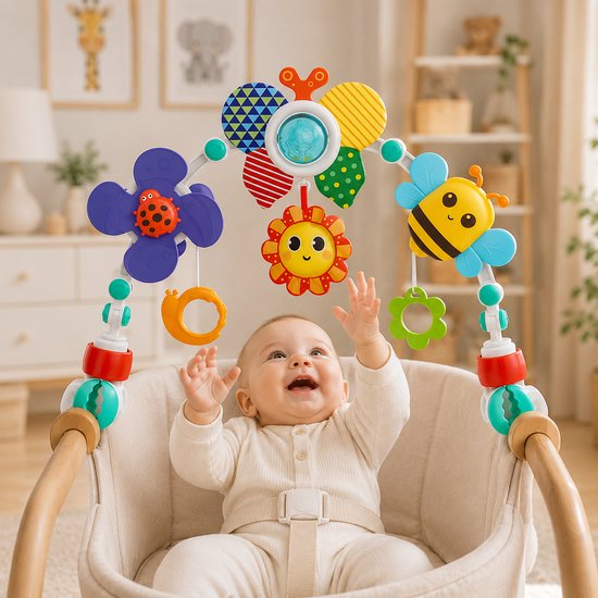 Jojoy - Universele Speelboog Baby - Verstelbare Speelgoedboog voor Kinderwagen, Autostoel & Wieg - Met Sensorisch Speelgoed & Bijtring - Bij - 73.7 cm - ARCBABY van Jojoy — afbeelding 3