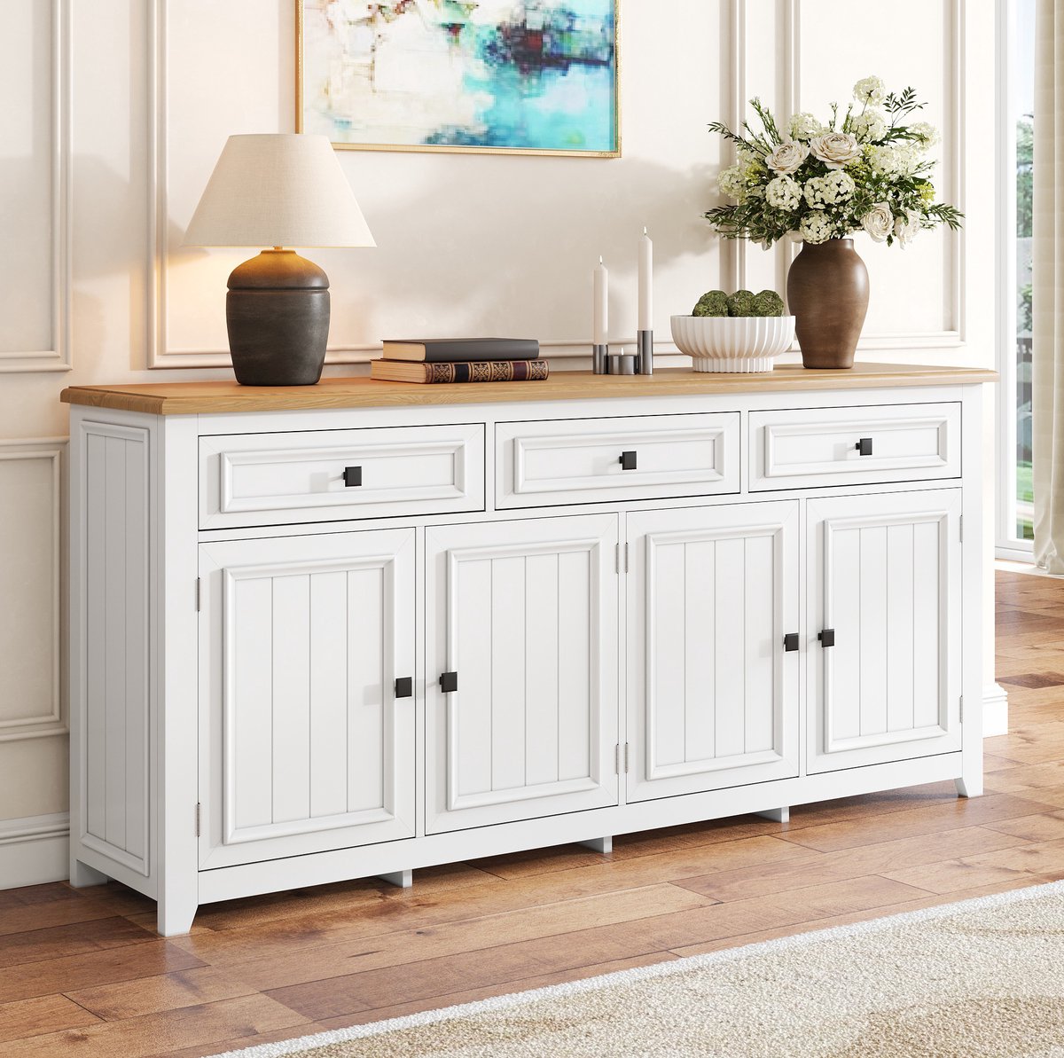 Wishdor - Dressoir - 3 lades en 4 deuren - modern Scandinavisch opbergmeubel voor woonkamer, hal of slaapkamer - houtlook en bewerkt hout - wit - 160 x 35 x 76 cm