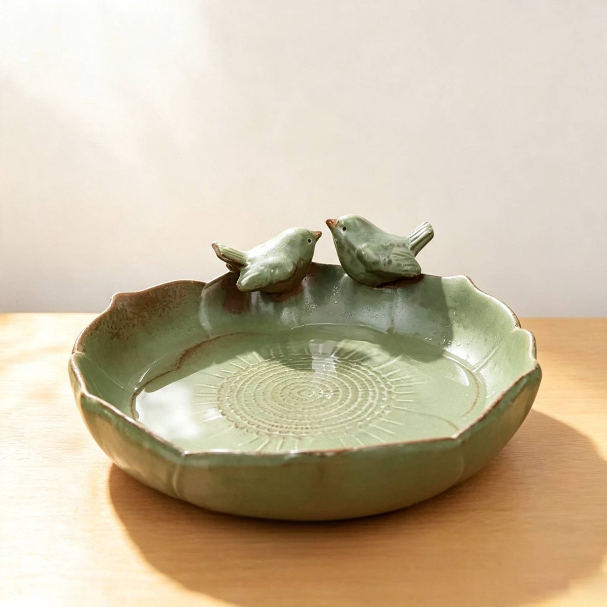 Groen keramisch vogelbad voor buitengebruik, diameter 24 cm, lengte 24,5 cm, hoogte 8,5 cm, grondmodel, stevig en duurzaam, geschikt voor het voeden van vogels, bruikbaar in tuin, op tafel, balkon en gazon