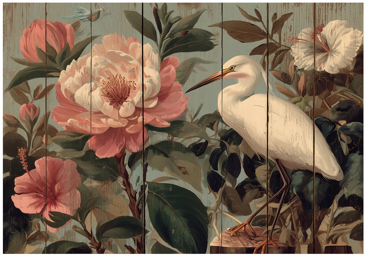 WALLARENA - Fotobehang - 150x105 cm - bloemen en kraanvogels in vintage stijl voor woonkamer en slaapkamer