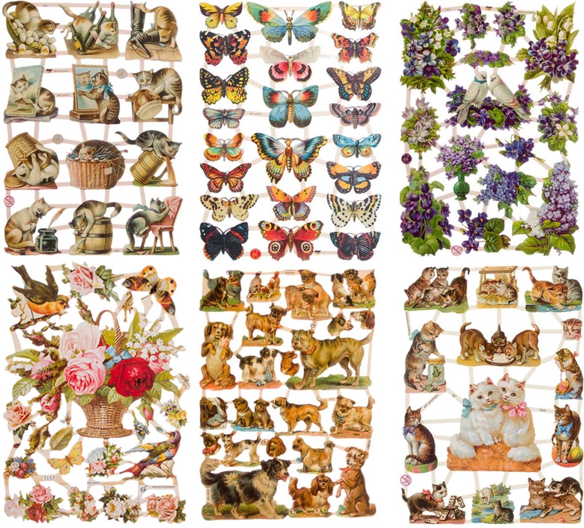 Poëzieplaatjes - 6 vellen - plaatjes - hobby - creatief - decoupage - knutselen - scrapboek - met Vlinders - Honden - Vogels - Konijnen - Boerderij dieren - Bosdieren