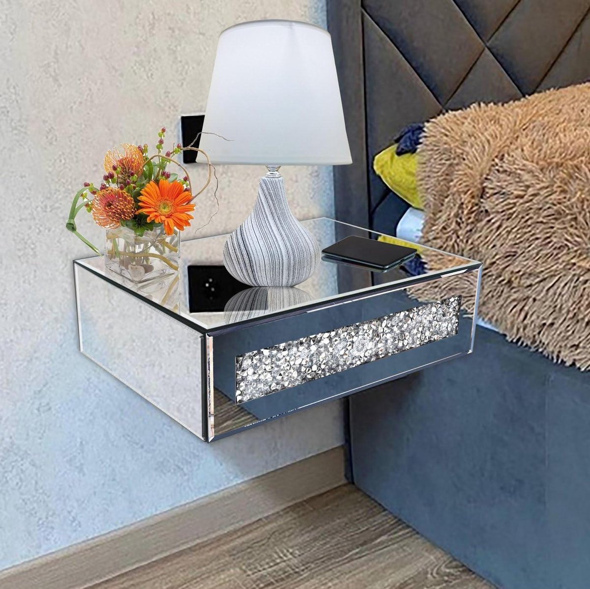 Nachtkastje - Bedtafel - Slaapkamer Decoratie - Wandmontage Basis - Middel - Zilverkleurig