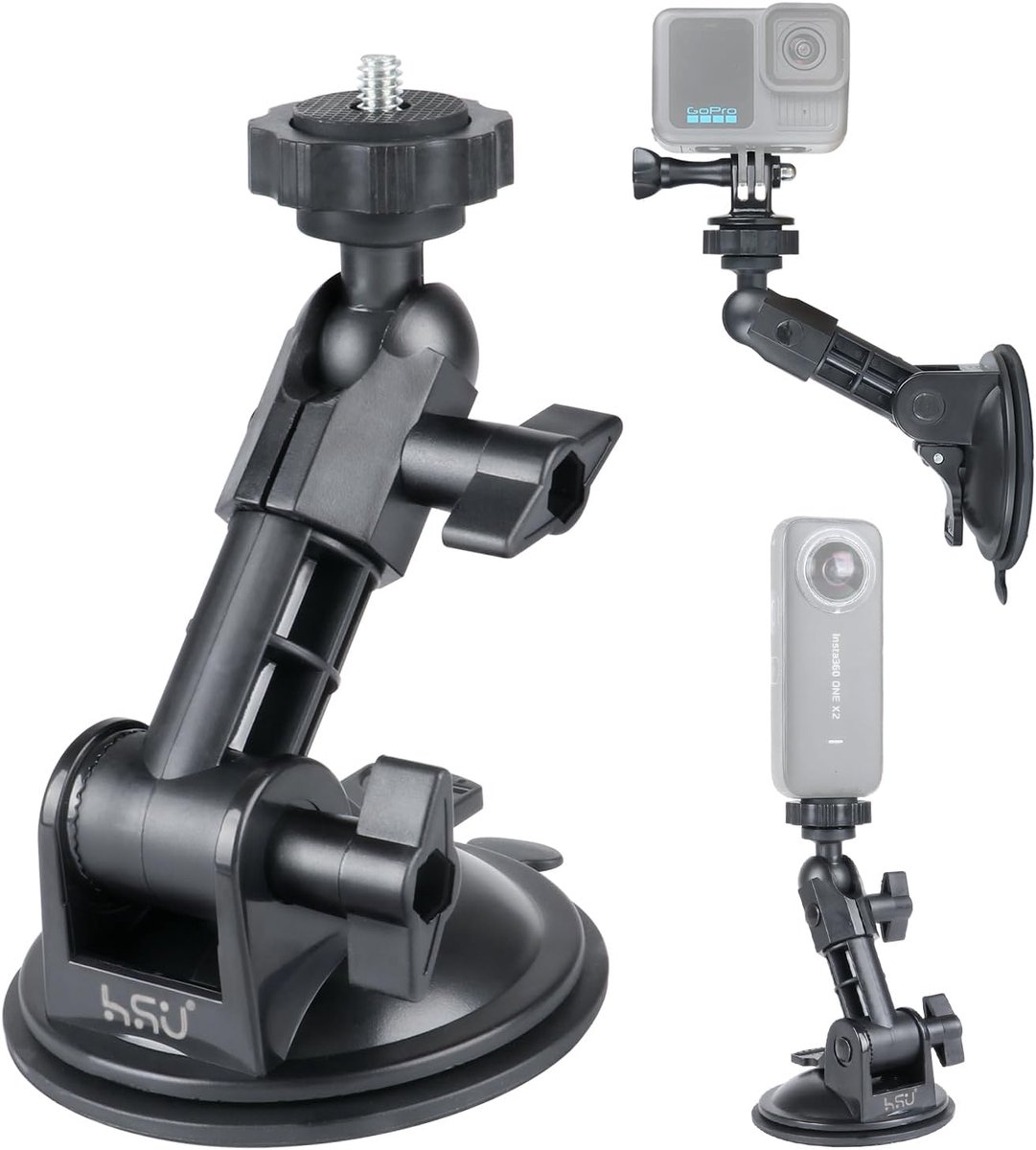 SnelShoppen - HSU Zuignap Mount Actiecamera voor GoPro, Insta 360, Osmo Action - Verstelbare Camera Auto Mount met Nano Lijm Pad - Stabiel voor Voorru