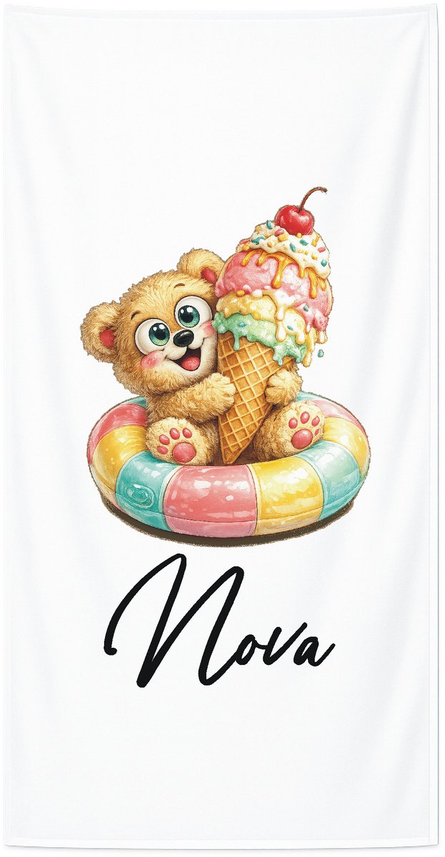 Strandlaken met naam kind 70x140 cm - Badhanddoek badstof - Gepersonaliseerd – Beer zwemband – Livingstickers - Wit
