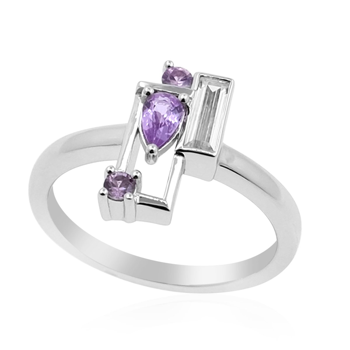 Cavill - Elegante Zilveren Ring - 925 Sterling Zilver Rhodium - Paars Ceylon Saffier 0,31 ct & Trapgeslepen Zirkoon 0,23 ct