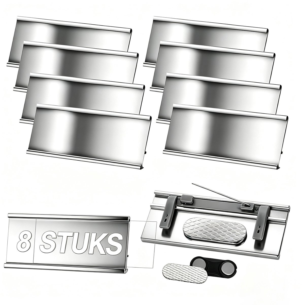 Kaiyaya - 8 stuks Magnetisch naamplaatje - Aluminium zilver 70x32 mm - 3-in-1 bevestiging - Voor werk en evenementen badgehouder
