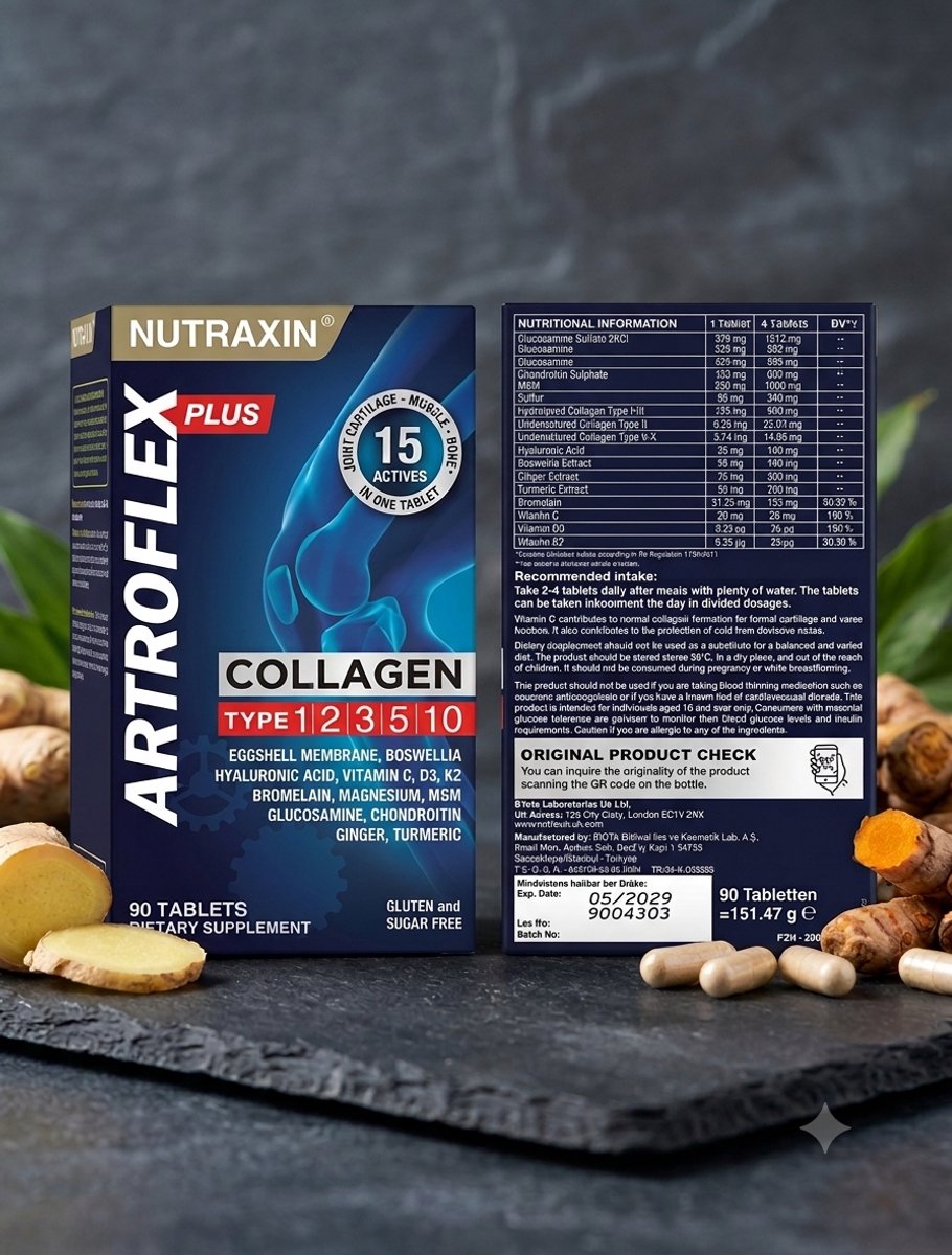 Nutraxin Artroflex Plus Collageen - Collageen Type 1, 2, 3, 5 & 10 - Met Hyaluronzuur, Glucosamine, Chondroïtie & Vitamine C/D3/K2 - 90 Tabletten - collageen - collageen supplement