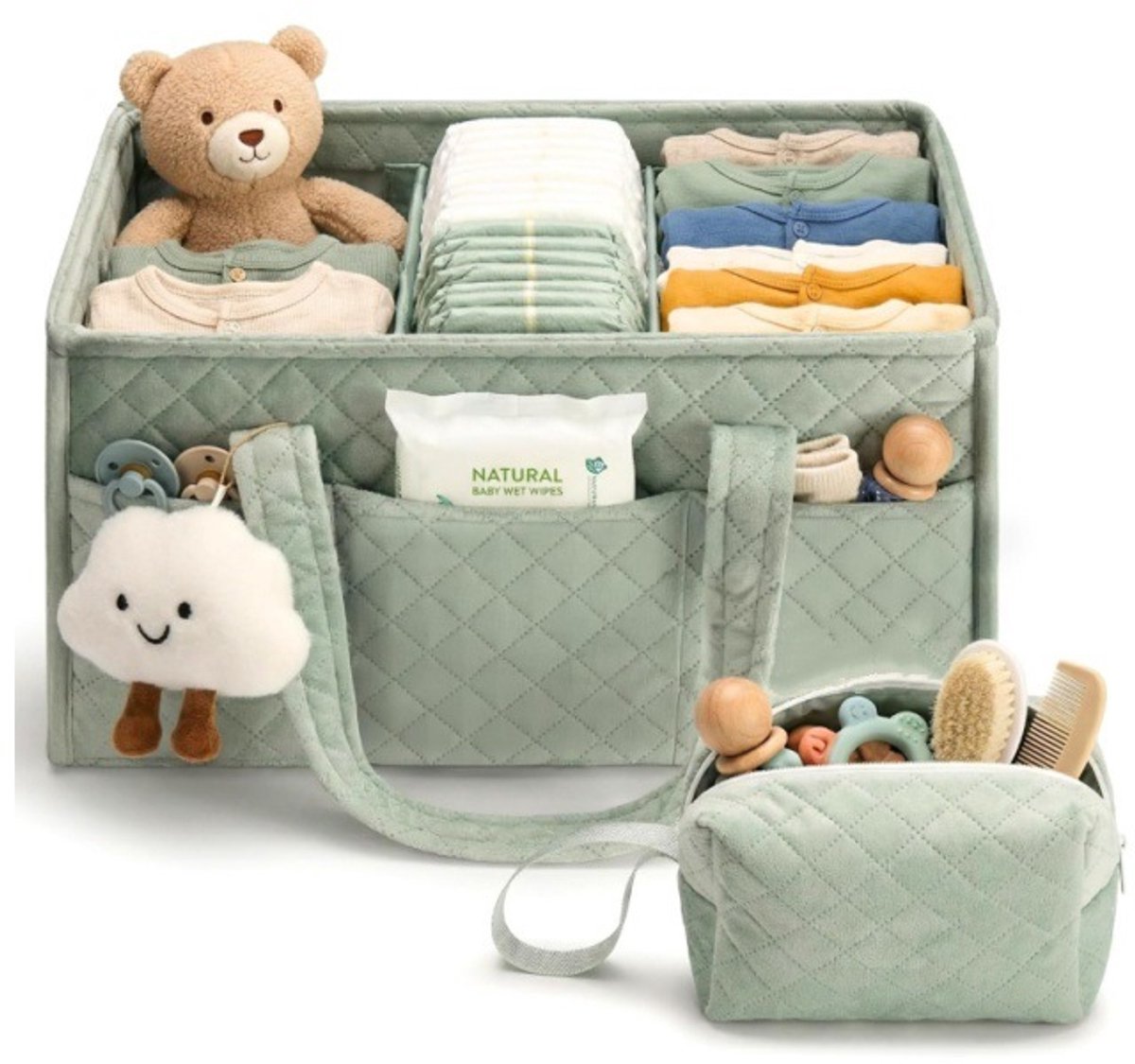 Luiersmand voor baby, set van 3 stuks, opvouwbare organizer met verstelbare vakken, inclusief noodzakelijkeheden etui, draagbare opbergmand met handvat, verstelbare tussenwanden, luiertas voor onderweg en thuis,groente,25.5x 38 x 19cm