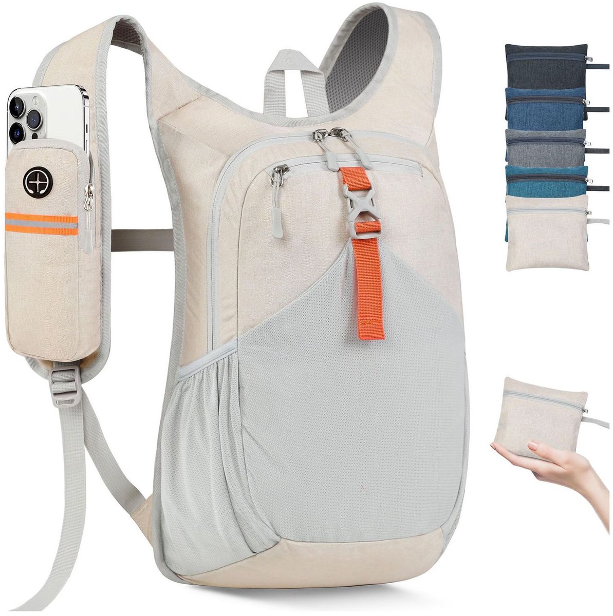 Lichte opvouwbare rugzak 15L, waterafstotende wandelrugzak, ademende dagrugzak voor dames en heren, reis‑ en buitenrugzak met anti‑diefstal zak，Opvouwbare compacte wandelrugzak, geschikt voor mannen en vrouwen，Beige