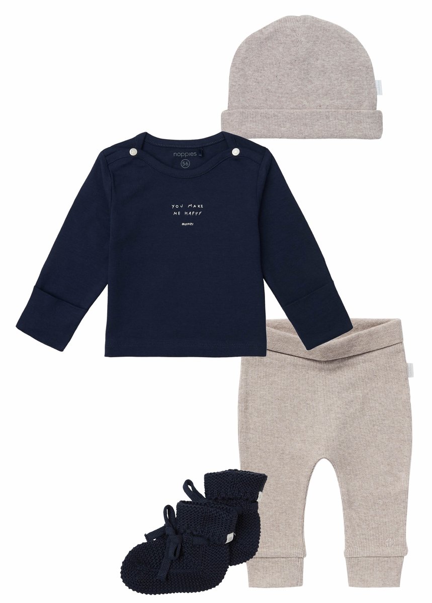 Noppies kledingset - 4delig - Broek Naura taupe - Shirt Neisse Donkerblauw - Muts Nevel taupe - Slofjes Nelson Donkerblauw - Maat 50