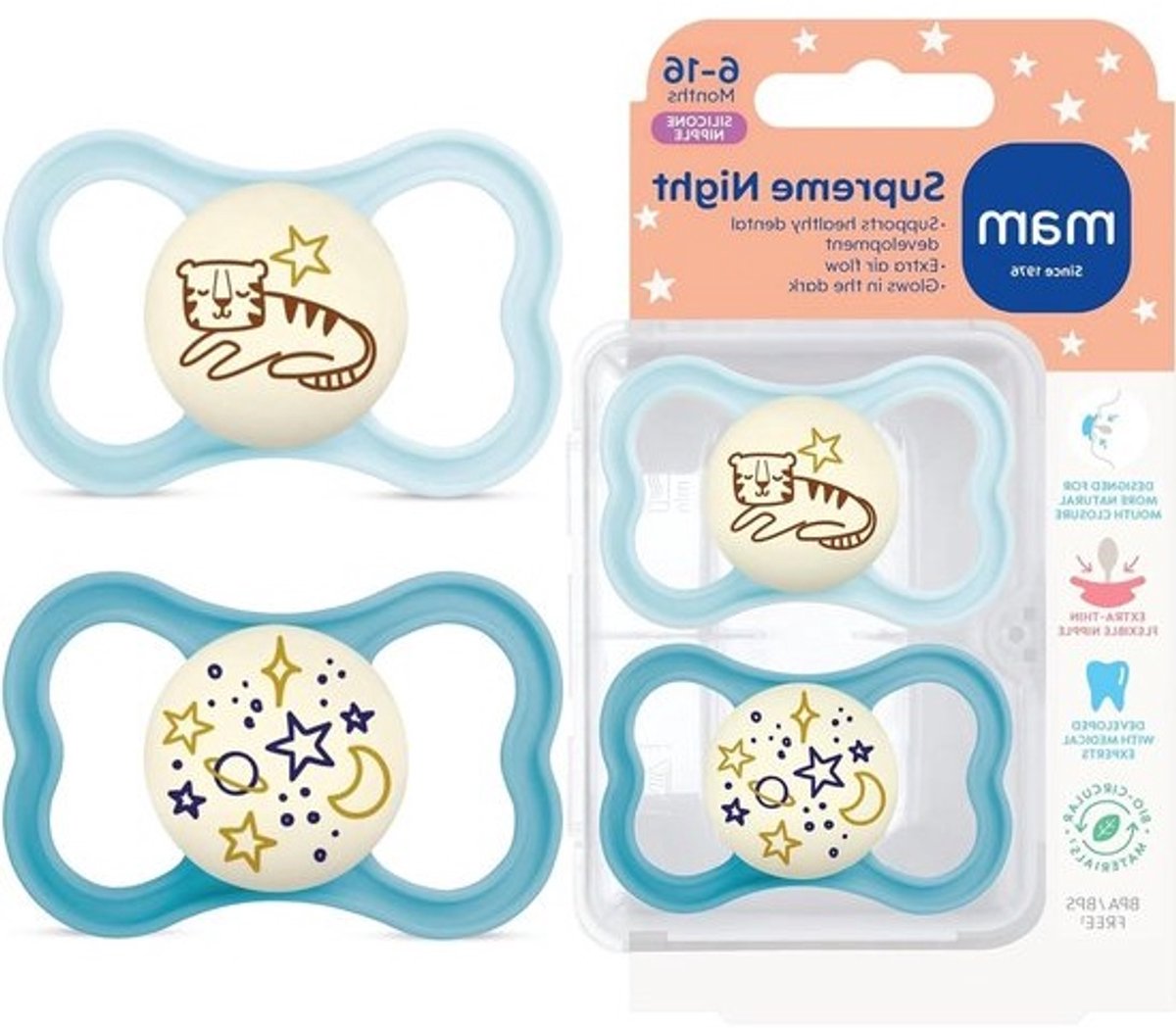 Baby Fopspeen - Baby Speen - Baby Kalmeren - Gepatenteerde Tepelvorm - 2 stuks 6-16 mnd - Blauw
