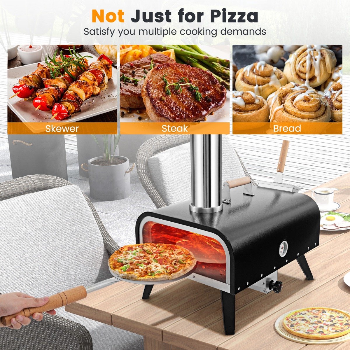 SureDeal® - Kamper - Buiten Pizzaoven Draagbare - Pizzasteen Pizzaschep Thermometer - Draagtas - 75x42x70 cm - Zwart + Zilver