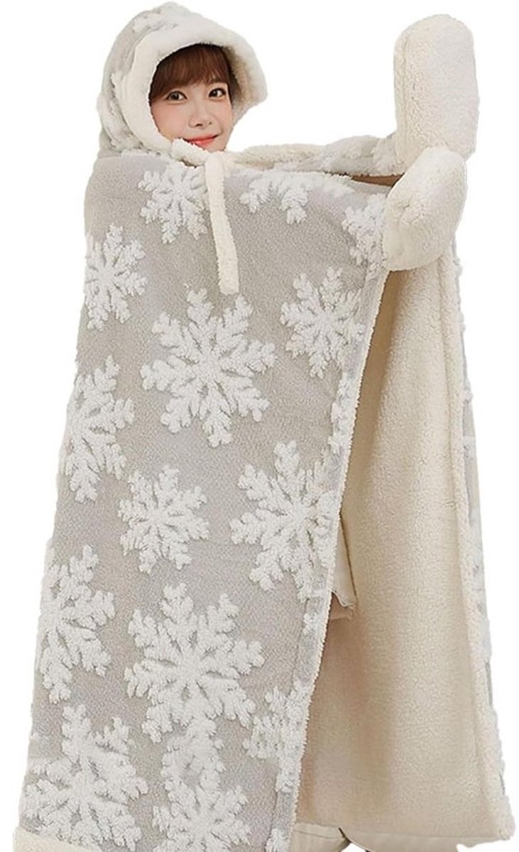 Deken Trui - Poncho Hoodie - Warm Blijven - Met Capuchon - 150x110 cm - Grijs