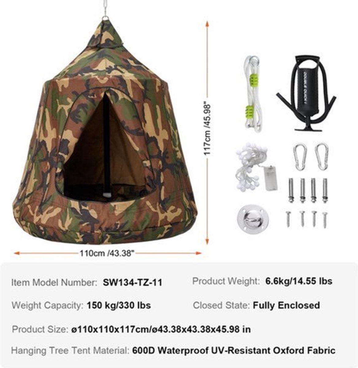 Hangmat - Hangmat voor Twee Personen - Hanging Chair - Hamac - Hammock Chair - Hangende boomtent - Hangmat met een capaciteit van 330 lbs - Hangende tent voor buiten - Schommel met LED-lichtsnoer - Snaarcamouflage