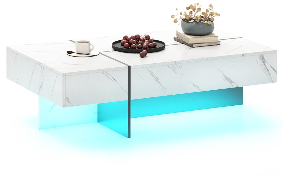 SureDeal® - Salontafel - Moderne - Ledverlichting Stralende - Opberglades Zwart - Wit Imitatiemarmer - 120x70x35 cm - Wit