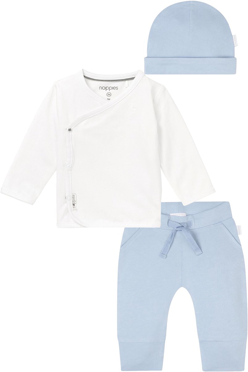 Noppies kledingset - 3delig - Broek Naupli lichtblauw - Shirt Little wit wit - Muts Nimbin - Maat 50