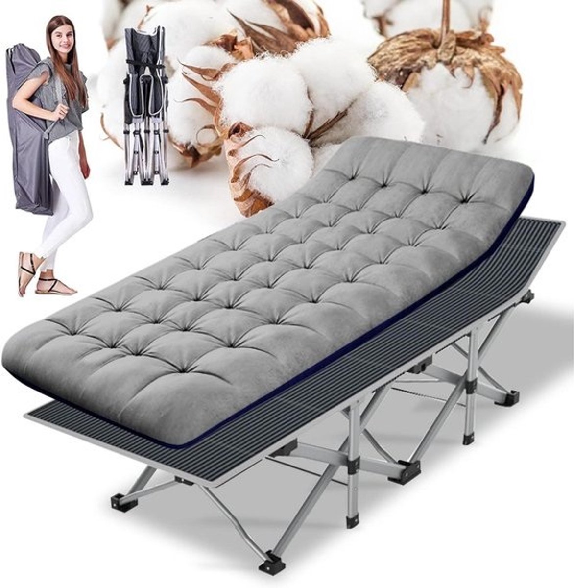Opvouwbaar campingbed - Reisbed Buitenbed - Kamperen en Ontspannen - Stevig Stalen Frame - 75 x 28 Inch - Streep Grijs