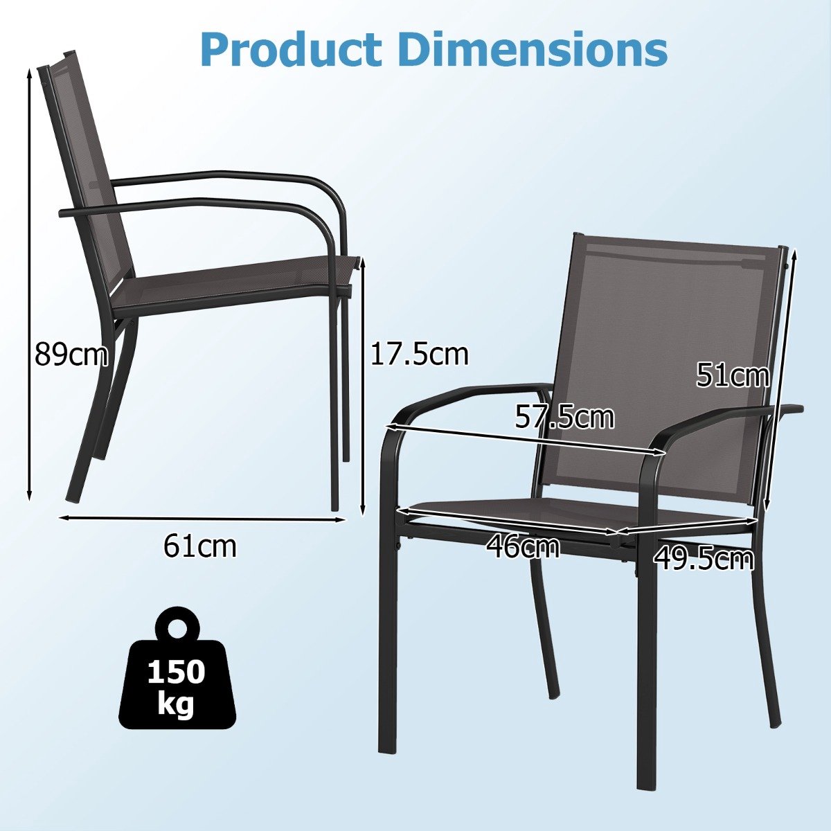 SureDeal® - Eettafel - Buiten Eetkamerstoel - Stoelen Stapelbare Terras - Ademende Stof Grijs - 61x57,5x89 cm - Grijs + Zwart