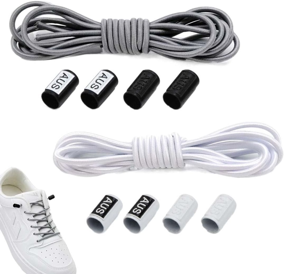 Vervangende Elastische Veters voor Hardloopschoenen, Knooploos, Rond, Rubber, Wit en Grijs - Ideaal voor Sport en Comfort