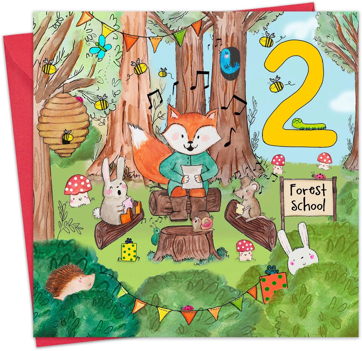 Verjaardagskaart 2 jaar - Dierenbos thema - Geschikt voor jongens en meisjes