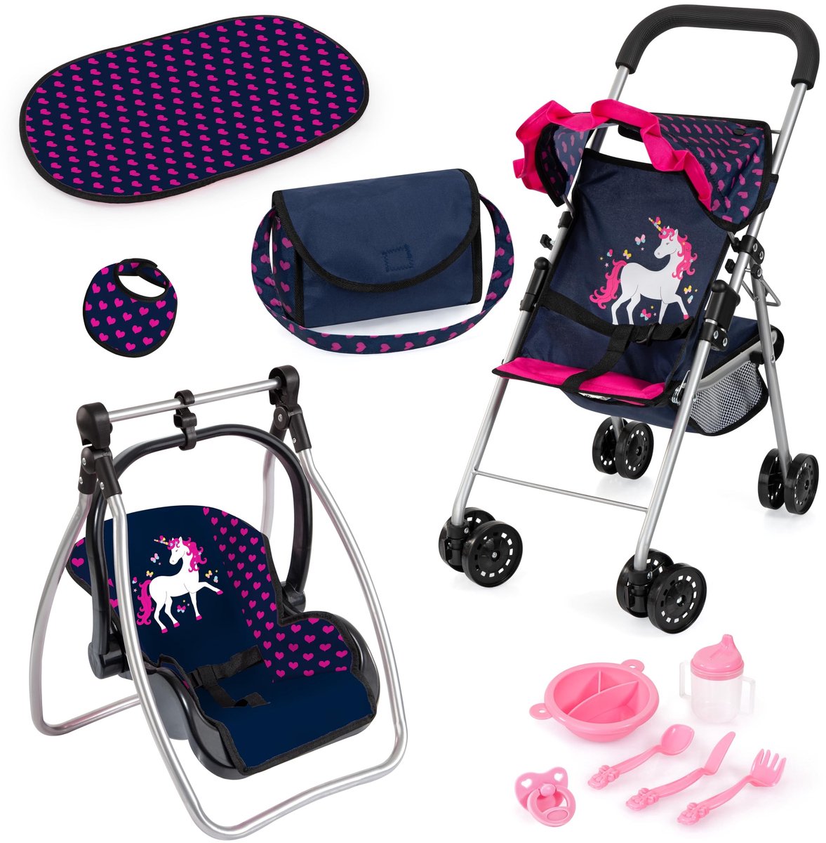 Vouwbare Pop Kinderwagen met Dubbele Wielen en Tas