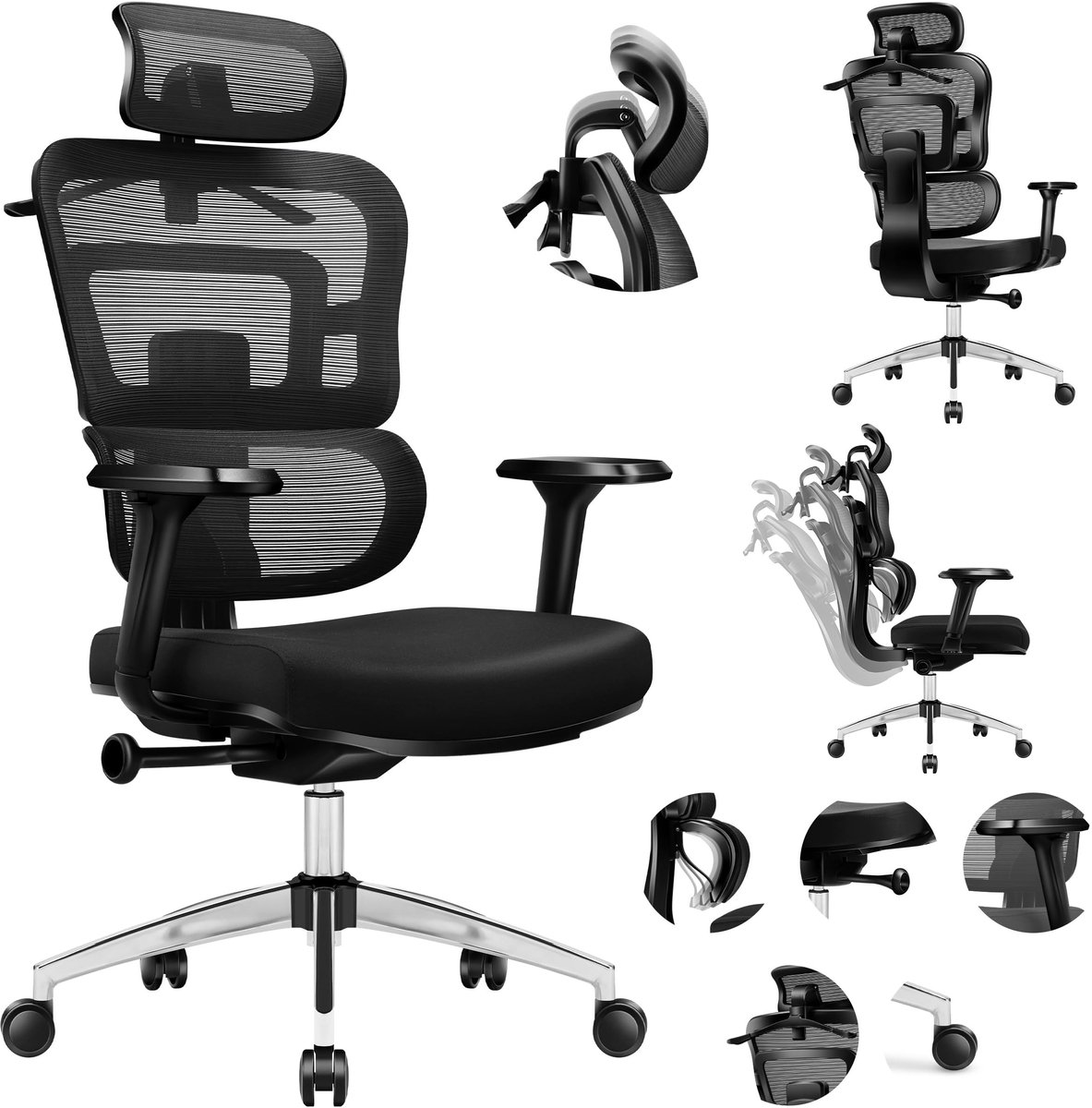 Ergonomische Bureaustoel - Tot 150 kg - Mesh stof met goede luchtcirculatie - Verstelbare hoofdsteun