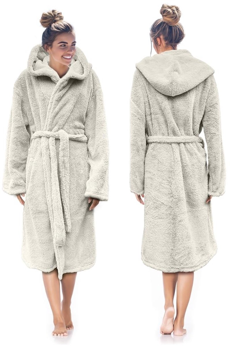 Teddy plush badjas met capuchon - off white - M