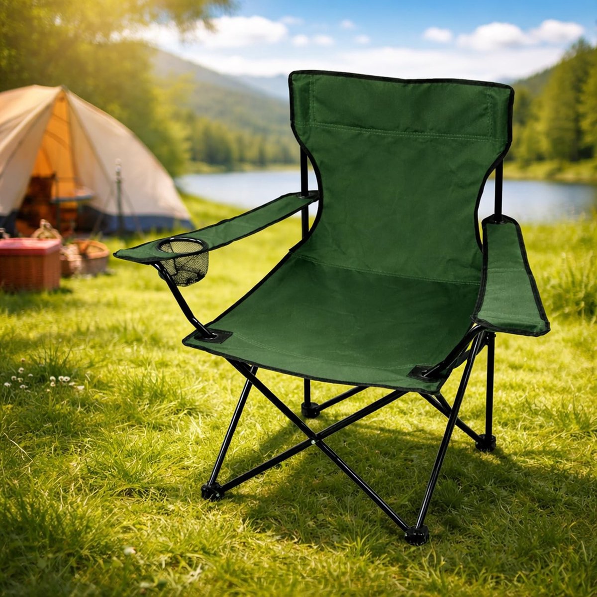 Camping Stoel met Opvouwbare Functies - Groene Kleur en Inclusief Drinkhouder