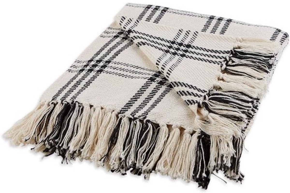Katoenen Plaid - Woondeken Franje - Gezelligheid Thuis - Geweven Katoen - 50x60 inch - Wit/Zwart