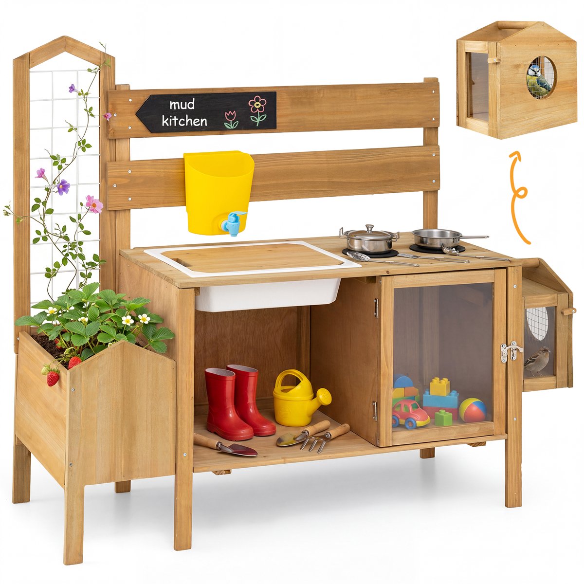 SureDeal® - Rollenspell - Matschkeuken Kinderen Buiten - Spoelbak Watertank - Kraan Kinderkeuken - Klimrek Naturel - 106x35x95,5 cm - Naturel