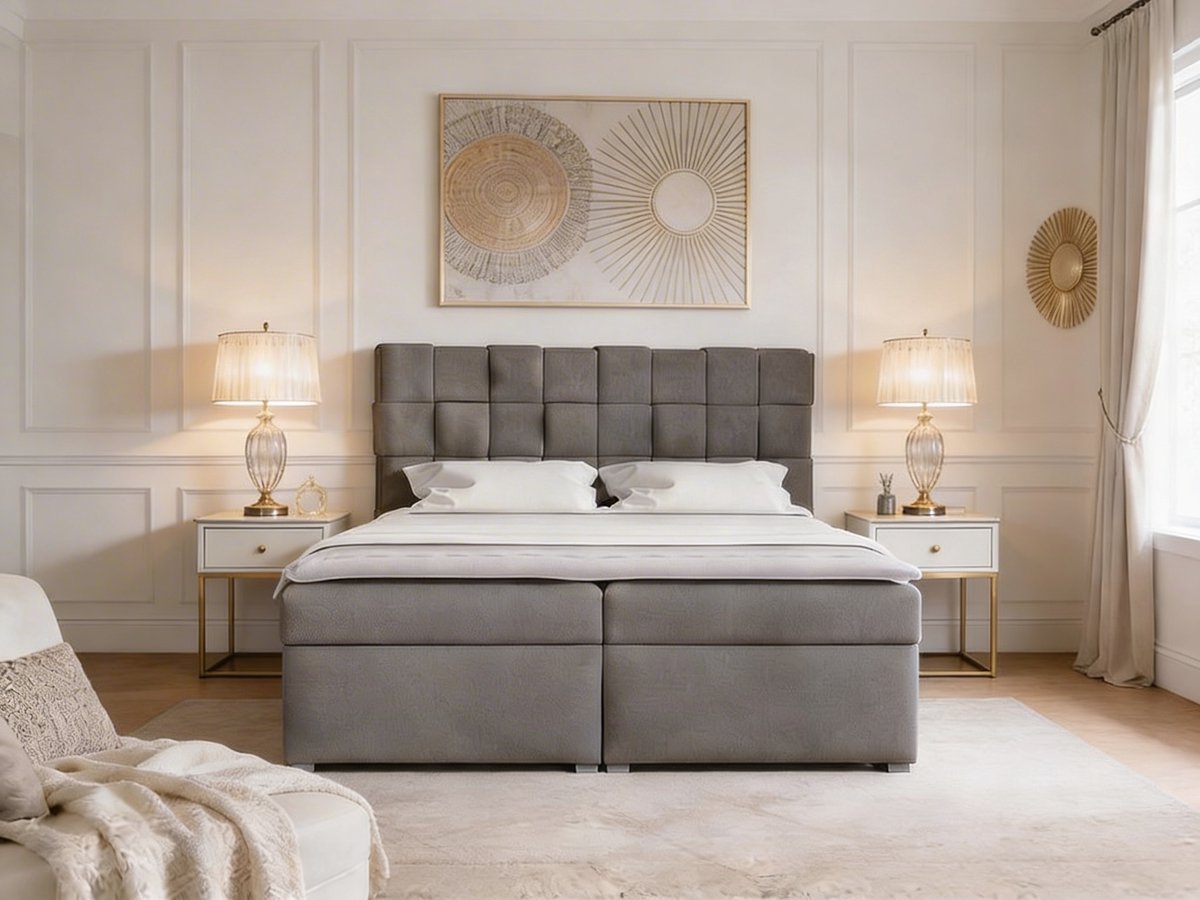 Montavira Boxspring Grey – Koningstijl – Luxe Grijze Boxspring – Modern Design Bed – Comfortabel Hotelbed