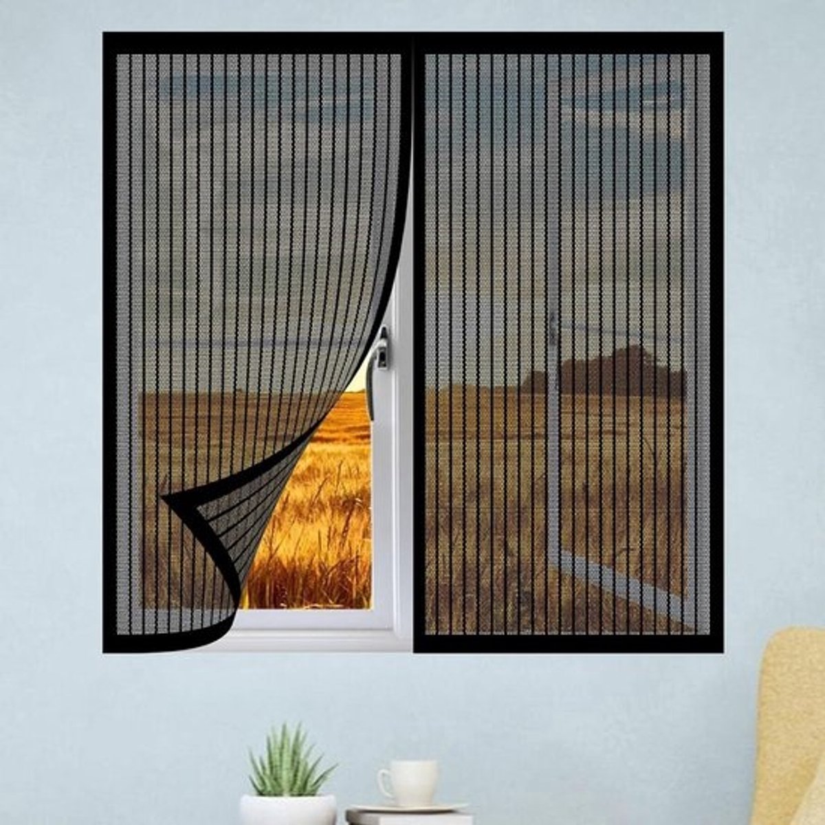 Raamhor met Muggennet - Insectenhor Vliegengordijn - Insecten Buiten Houden - Zelfklevend Zonder Boren - 130x90 cm - Zwart