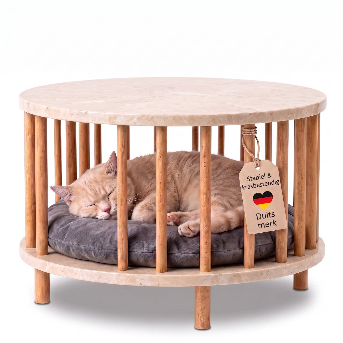 Jungengel Kattenmand Crème Marmerlook - 2-in-1 Bijzettafel en Kattenbed - Kattenmand met Kussen - Krasbestendig tot 100 kg - Kattenhuisje - 53x53x43 cm