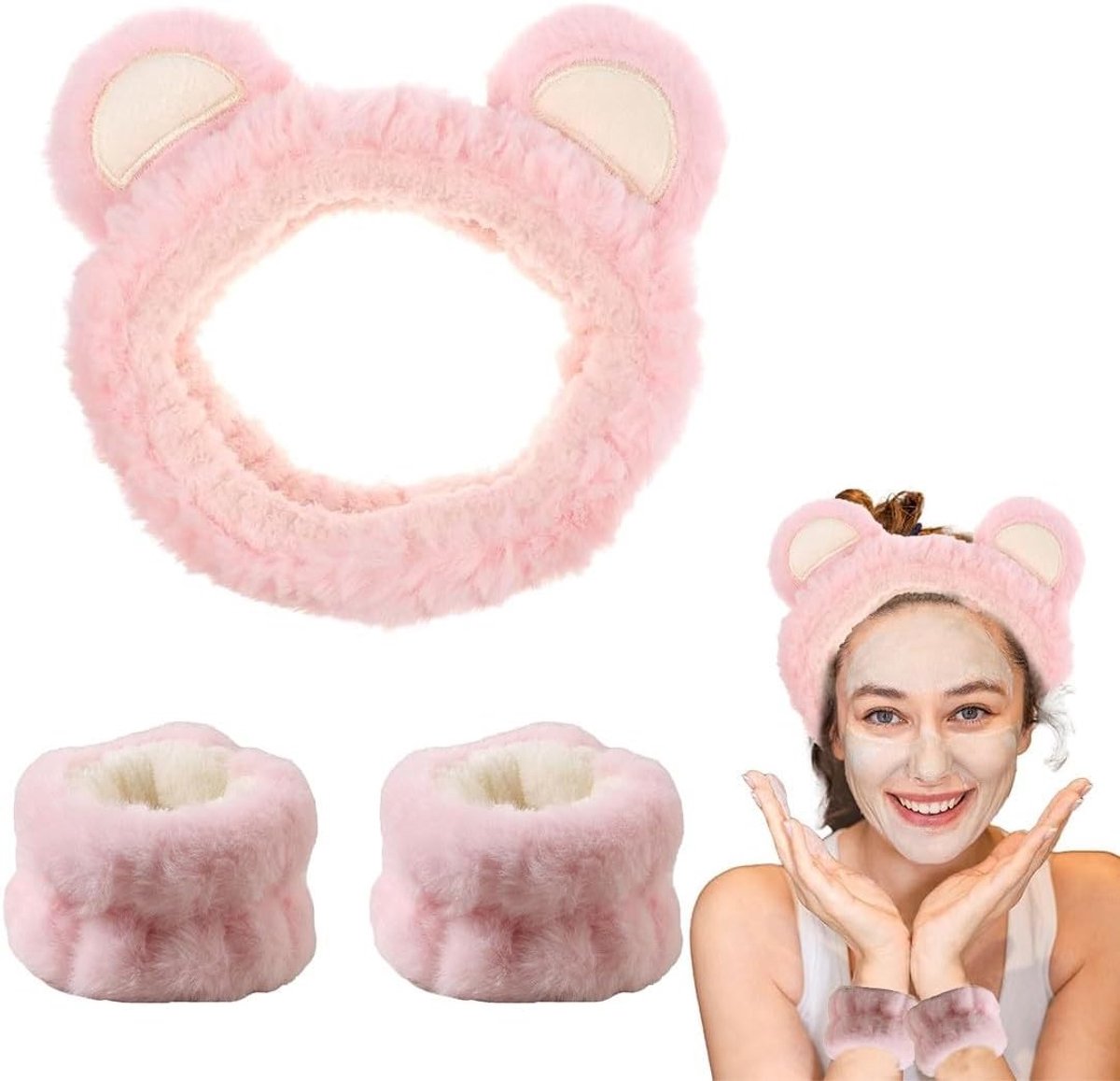 Terry Spa Haarband met Make-up Armband en Strik - Ideaal voor Douchen en Gezichtsreiniging (Roze, Berenoren)