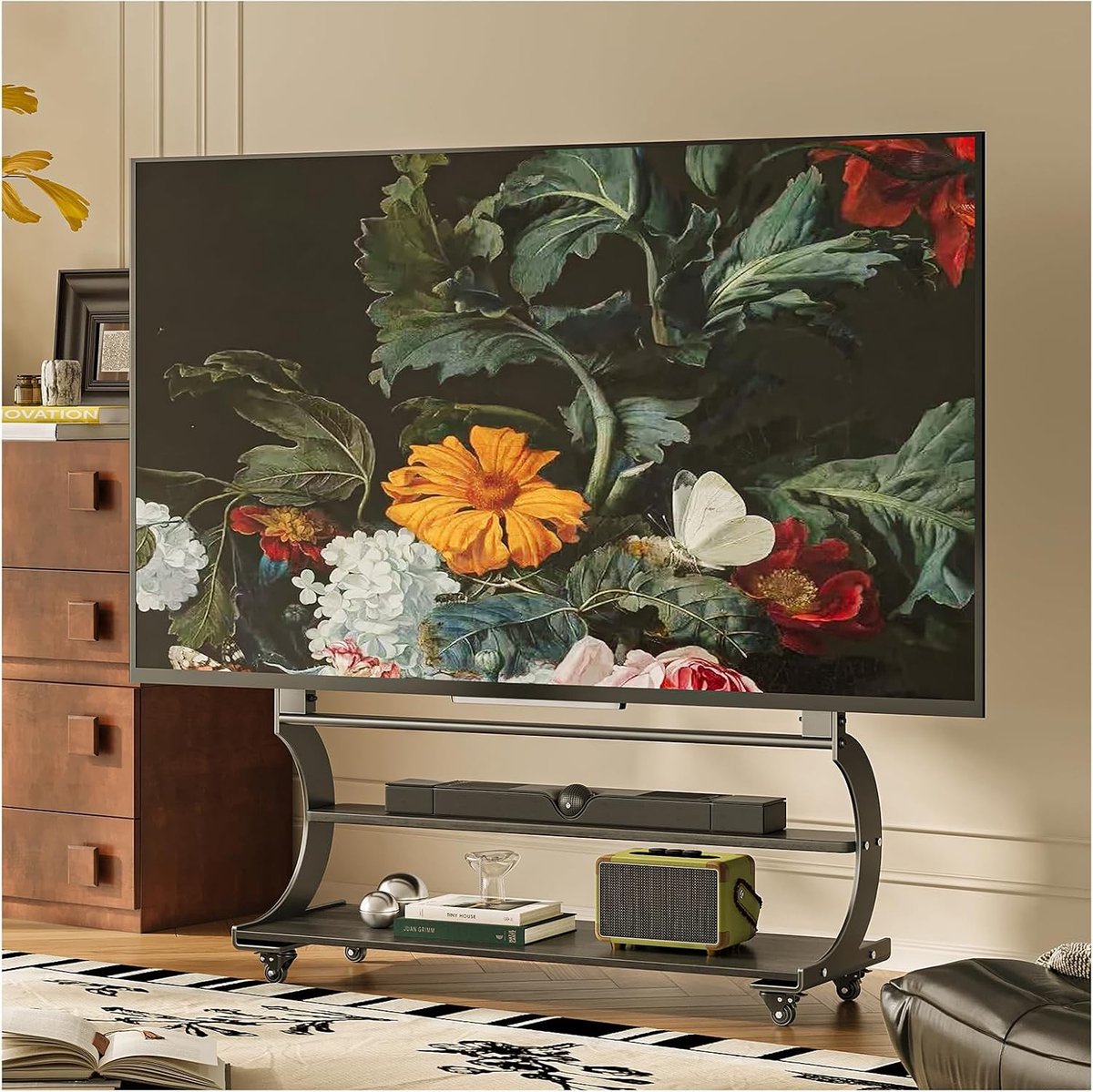 Verstelbare mobiele TV-standaard voor 50-100 inch platte en gebogen televisies tot 100 kg, met 2-laags plank en MAX VESA 900 x 600 mm (Zwart)