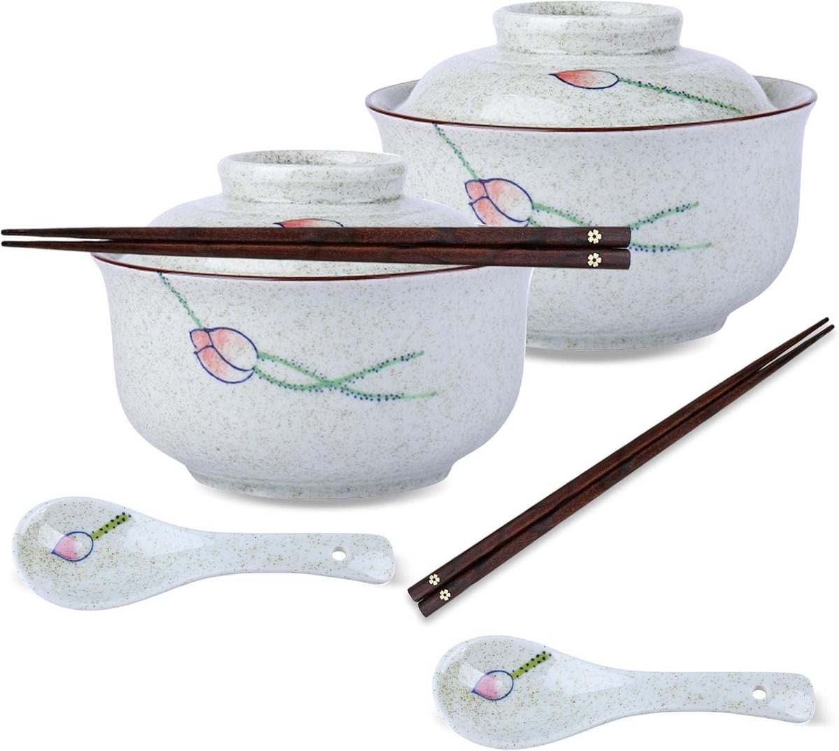 Set van 2 keramische ramenkommen van 800 ml met deksel, eetstokjes en lepel voor soep, salade en granola