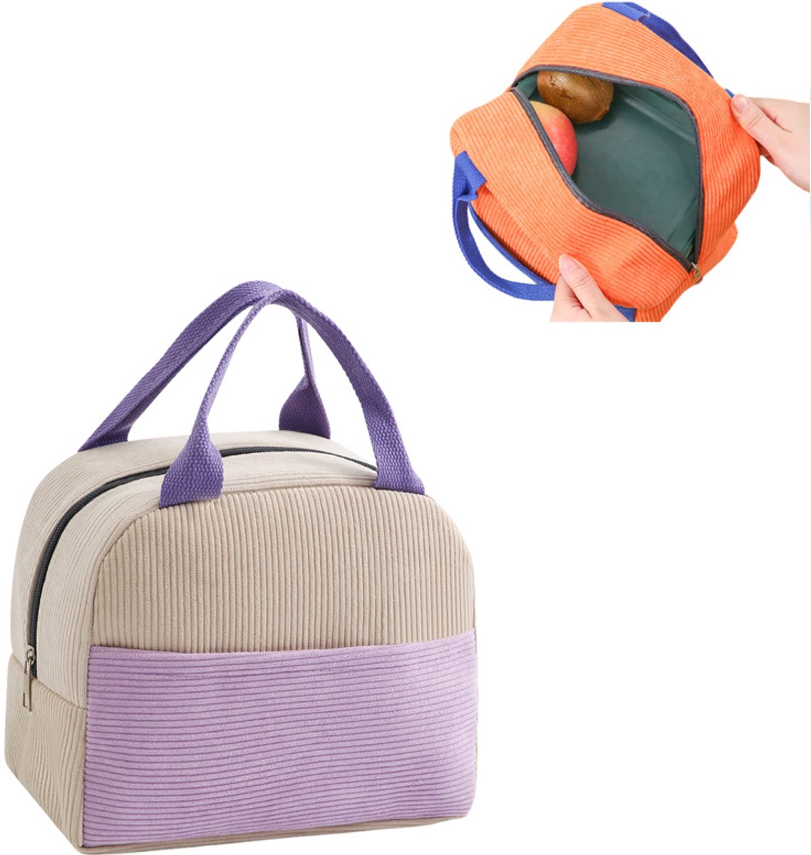 lunchtas-lunchtas koeltas- Draagbare Koeltas- Geïsoleerde Lunch Tas-lunchtas kinderen -lunchtas volwassenen- Geïsoleerde tas -Thermal Bag - Kleine Lunchkoeler- Unisex- Corduroy- Voor Picknicks, Kamperen, Werk, Het Dagelijks Leven-Beige-paars