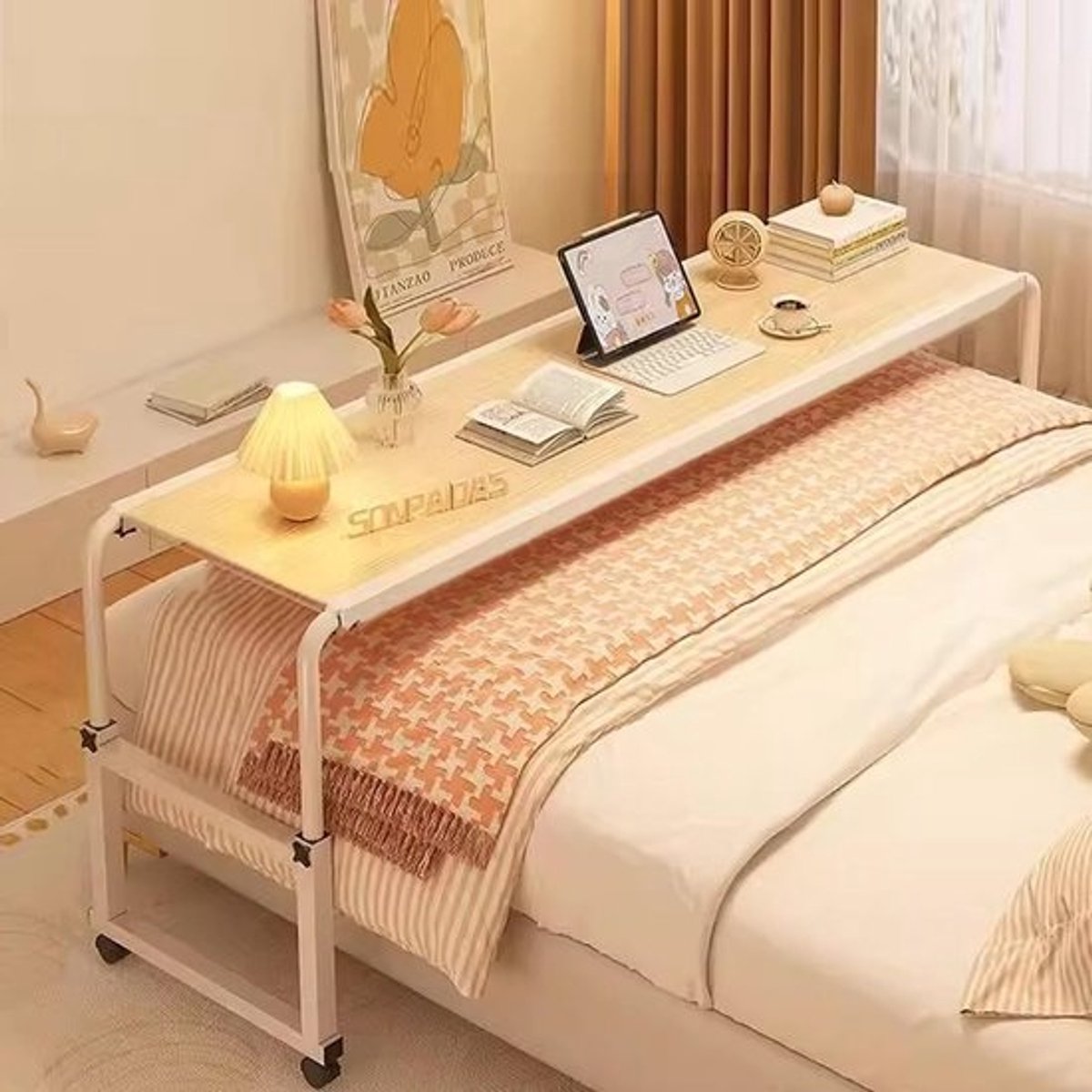 Bedtafel - Roltafel Laptop - Ontbijt op bed - Verstelbare hoogte breedte - 120 cm - Houtkleur