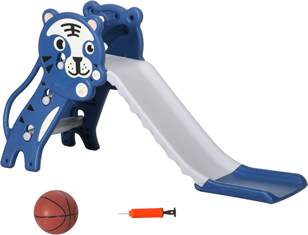 3-in-1 kinderglijbaan met klimframe, basketbalmand, peuterglijbaan, cartoon-design, voor binnen en buiten, speelplaats voor peuters van 18-36 maanden, blauw