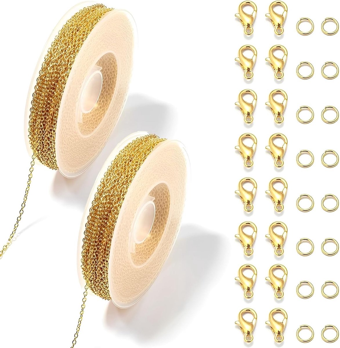 6 meter lange stainless steel kettingen voor mode sieraden, gouden ketting, met 20 sluitingen en 100 verbindingsringen voor armband maken