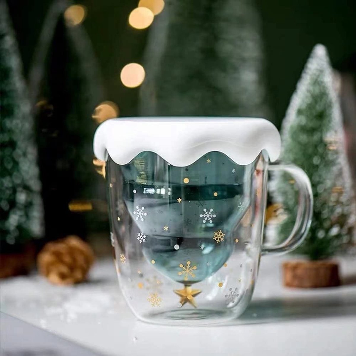 Kerst Koffiemok - Dubbelwandig Glas - 300ml - Met Deksel