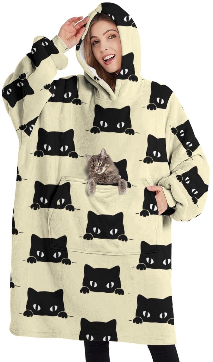 Draagbare oversized Sherpa deken hoodie - Zwart kat